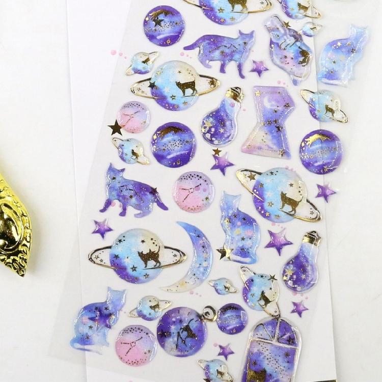 6Sheets Gold Foil Embossed Sticker Clear Cartoon PVC Resin Decorative Sticker for Journal Notebook Scrapbooking Supplies