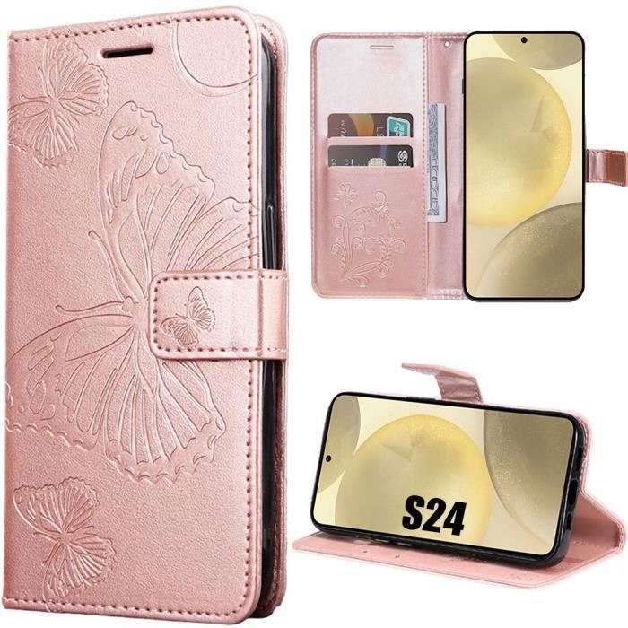 Coque de protection - Booling - pour Samsung Galaxy S24 - Effet Cuir - Motif Papillon - Porte-cartes