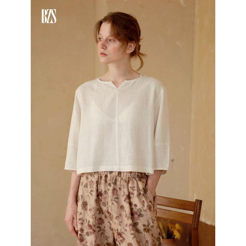 

25 Spring New Cotton Double-Layer Gauze Profile Loose Mori look Floral Print Short sleeve Trousers Pajamas Set White Tops XL [recommend 65.00 kg-75.00 kg]]