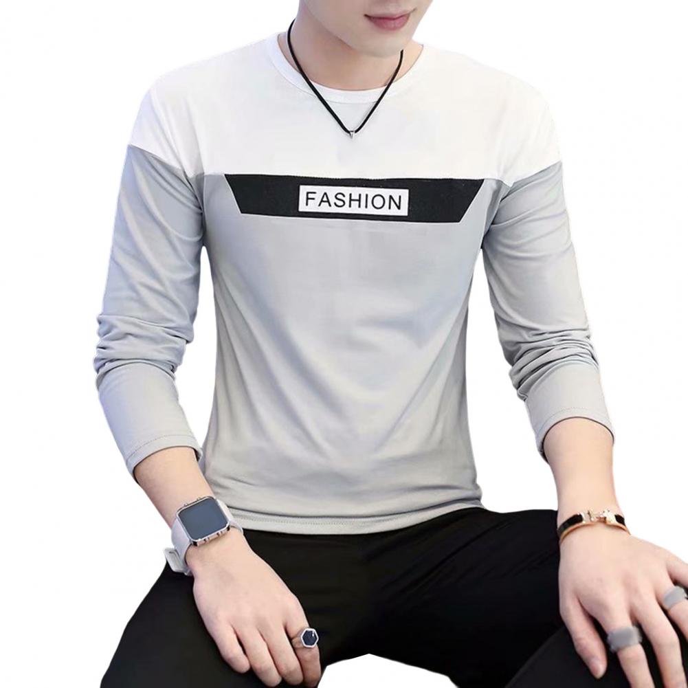 Fall Spring Men Top Patchwork Color Matching Letter Pattern Round Neck Long Sleeves Pullover Daily Wear Casual T-shirt