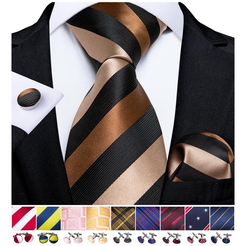 Barry.Wang Mens Striped Silk Tie Handkerchief Cufflinks Formal Necktie Set Designer