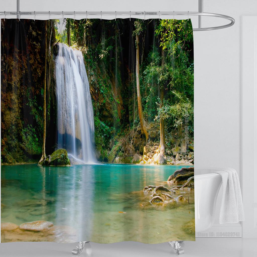 Modern 3D Printing Forest Refreshing Scenery Shower Curtain Waterproof Landscape Green Plant Mountain With Hooks Bathroom Decor