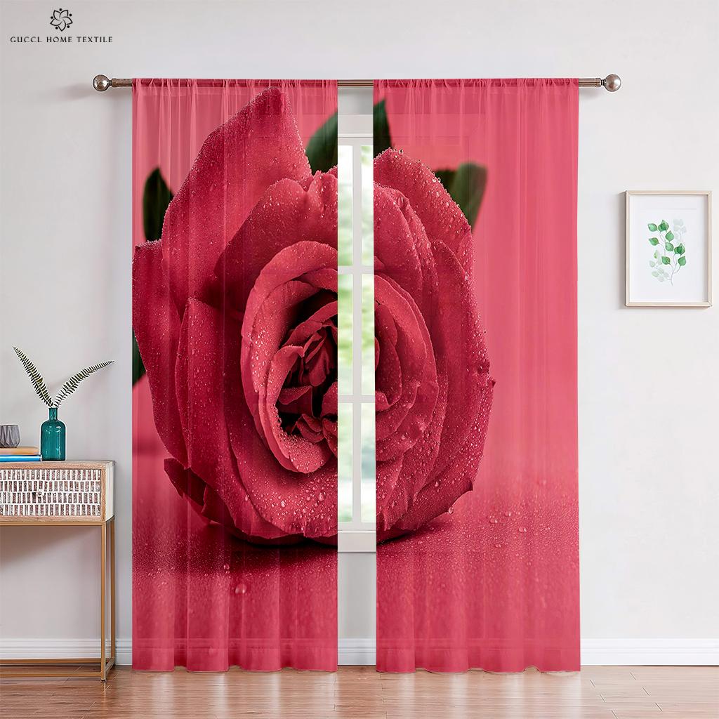 Romantic Red Rose Floral Curtains, Retro Style, Bedroom, Living Room, Study, Kitchen, Custom Home Decoration, 2 Pcs