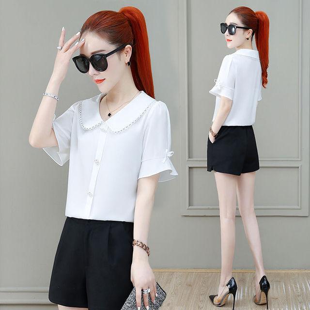 

Doll Collar Chiffon Shirt Women s Summer New Korean Loose Fit Slim Top Fashion Solid Color Short Sleeve Bottoming Blouse 3XL белый