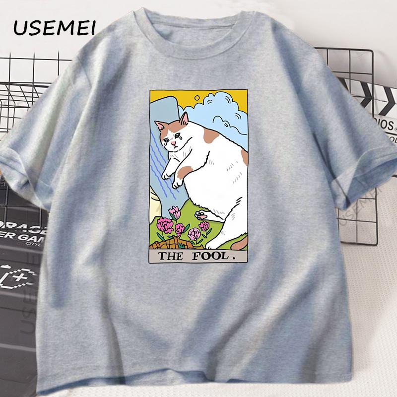 Sad Cat Meme The Fool Tarot T-Shirt Men Women Witchy Clothing Crying Cat T Shirt Casual Oversized T-shirts Streetwear Clothing