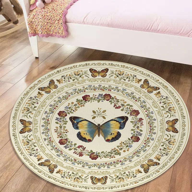 

Butterfly Pastoral Style Round Area Rug,Carpet Rug for Living Room Bedroom Sofa Playroom Decor,Non-slip Floor Mat87 80cmx80cm