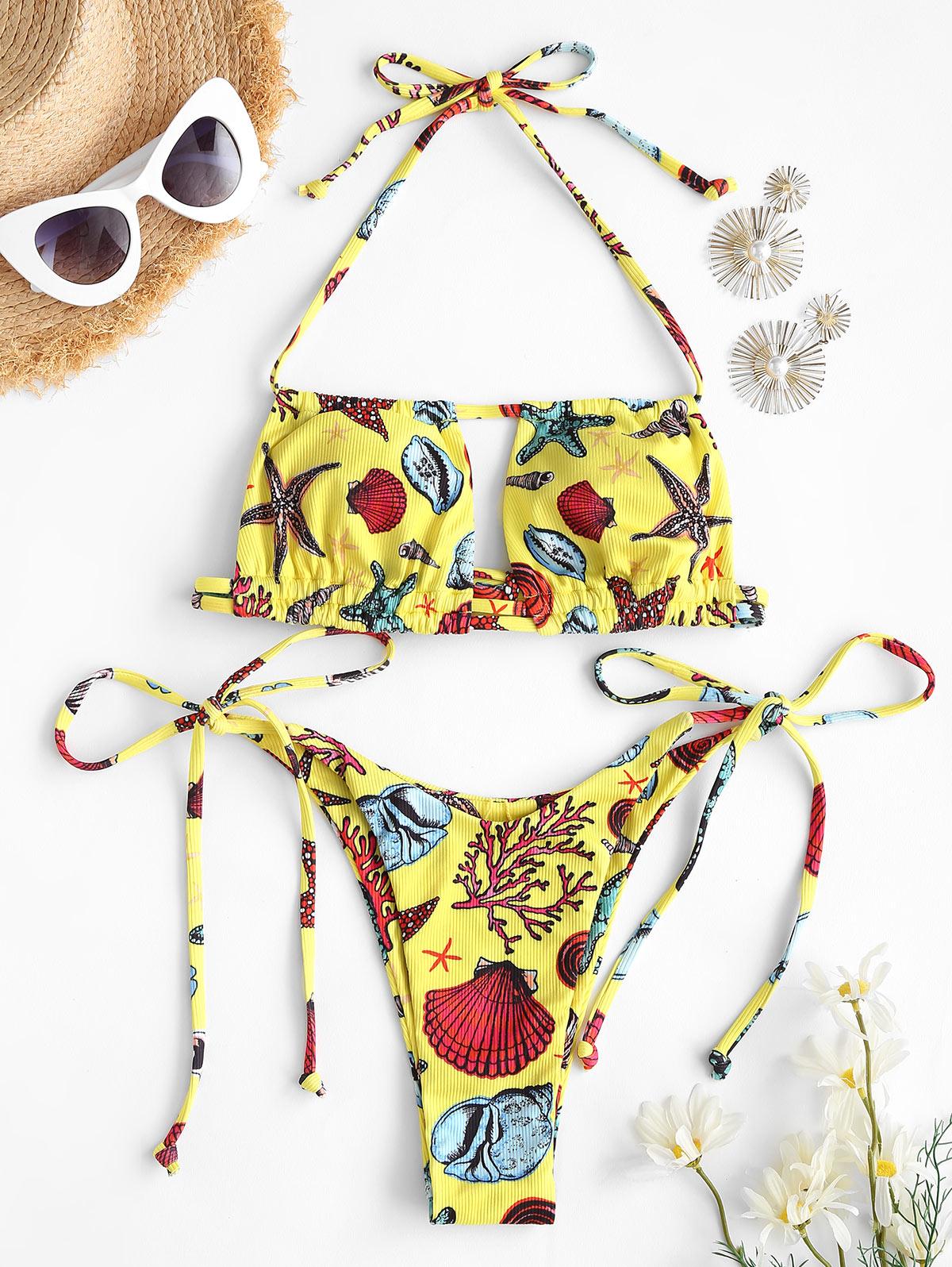 

ZAFUL Купальник бикини с завязками и вырезом на бретельках с изображением морской жизни L жёлтый