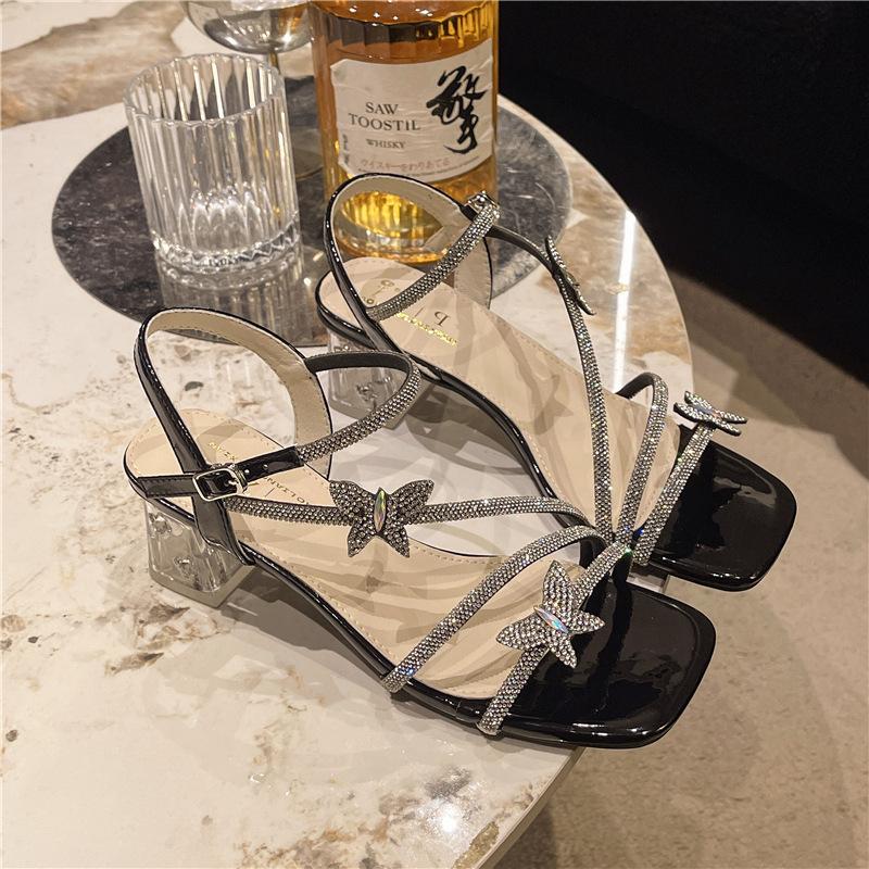 Rhinestone butterfly temperament sexy high heels 2025 women's new summer fashion one-word buckle stiletto sandals