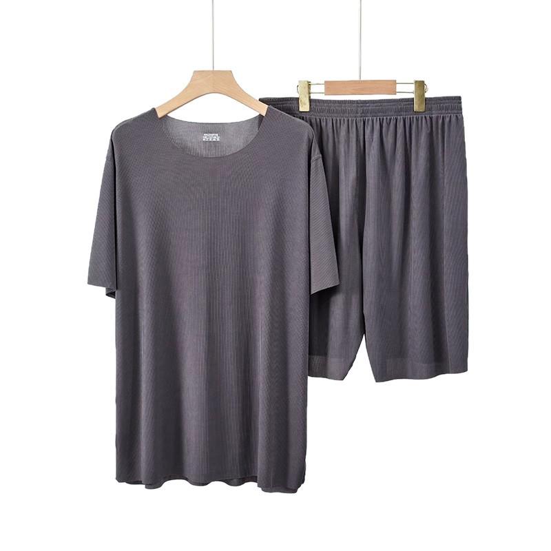 Couple's Ice Silk Pajamas Set: Men's Thin Sleep Pants & Women's Ribbed Short Sleeve Top for Spring/Summer.