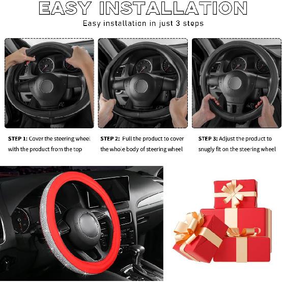 Ziciner Steering Wheel Cover, Bling Crystal Rhinestones Auto Wheel Protector, Sparkly Cover Universal Fit Diverse 14.5-15 Inch Steering Wheel,