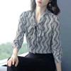 Printing Fashion Women's Vintage Long Sleeve Shirt Spring Autumn Casual All-match Scarf Collar Bow Blouse for Female Clothing