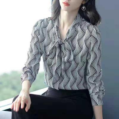 Printing Fashion Women's Vintage Long Sleeve Shirt Spring Autumn Casual All-match Scarf Collar Bow Blouse for Female Clothing