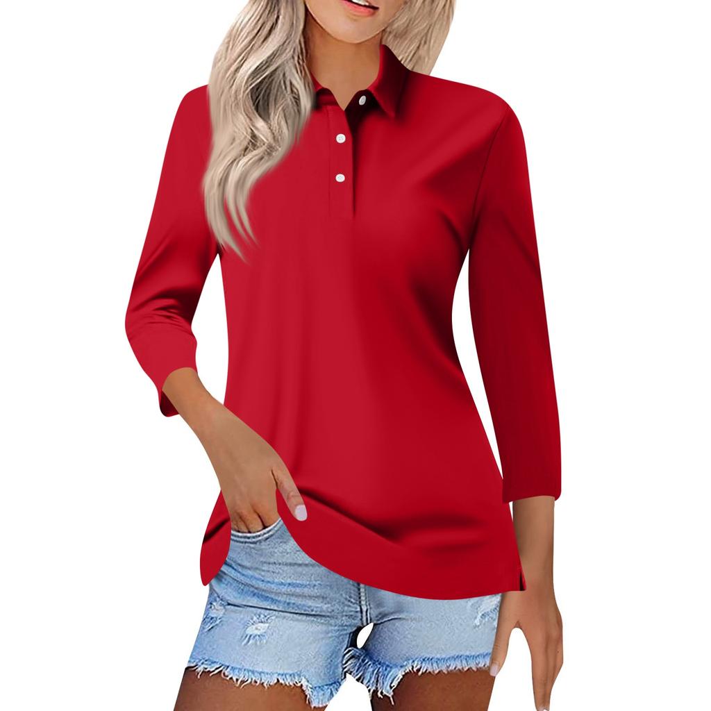 Women's Fashion Casual Lapel Short 3/4 Sleeve Color Shirt Women's Button Up Tops