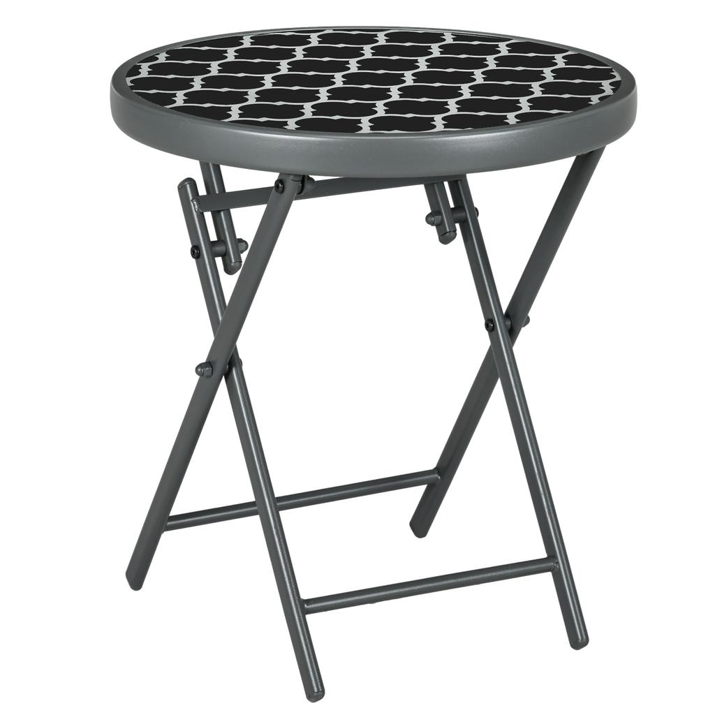 Folding Coffee Table, Tempered Glass Top, Metal Pattern, 45 x 50 cm, Black