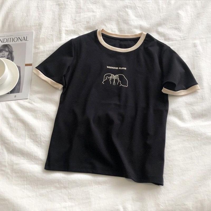 

Женская летняя приталенная футболка с короткими рукавами и цветными блоками - Повседневный корейский стиль One Size чёрный