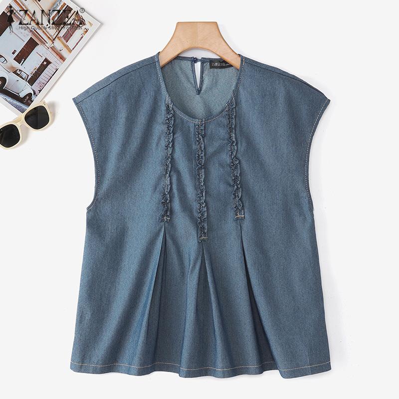 ZANZEA Lässige Bluse mit Rundhalsausschnitt und kurzen Ärmeln für Damen