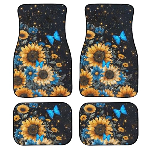 Sunflower Butterfly Car Floor Mats 4pcs Set Universal Anti-Slip Front Rear Carpet For SUV Sedan Van