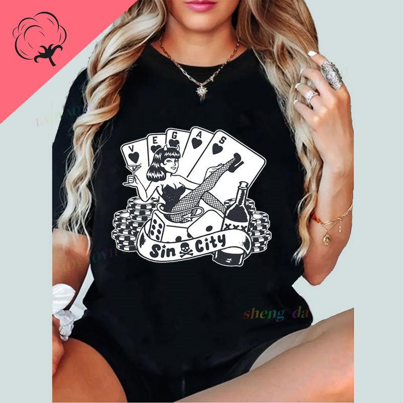 

Las Vegas T Shirt Sin City Gambling Poker Tee She Devil Lady Luck Slot Machine Casino Craps Black Jack Vintage Texas Hold Em Top S