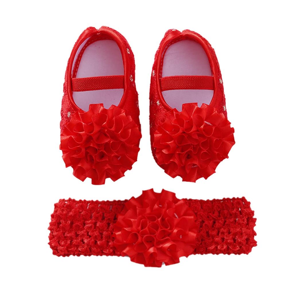 Newborn Baby Shoes Girls Flower Shoes Toddler Prewalker Cute Baby Soft Shoes For 0-12M Children With Hair Band
