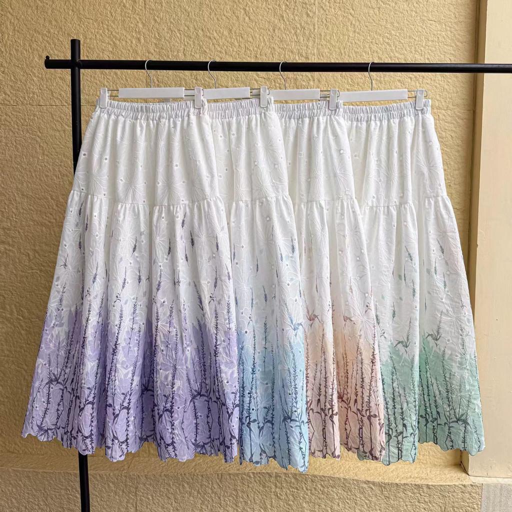 Qooth Embroidered A-Line Maxi Skirt French Romantic Floral Print QT2852