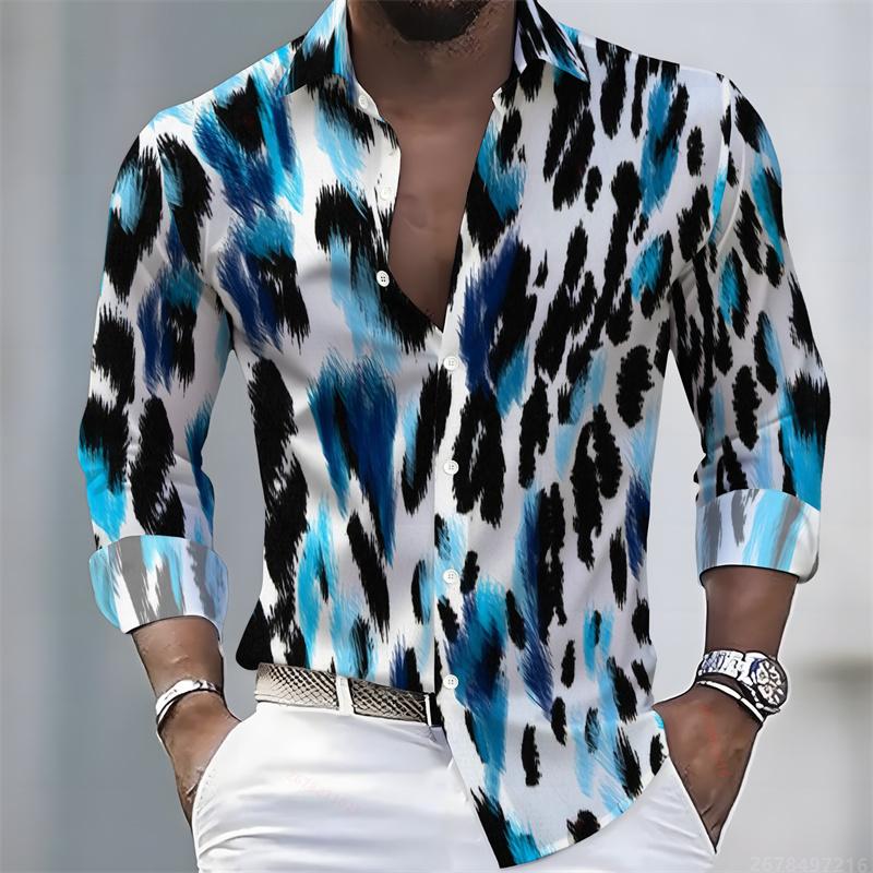 Men's Leopard Print Shirt Long Sleeve 3D Animal Pattern Button Down Spring Autumn Streetwear Tops
