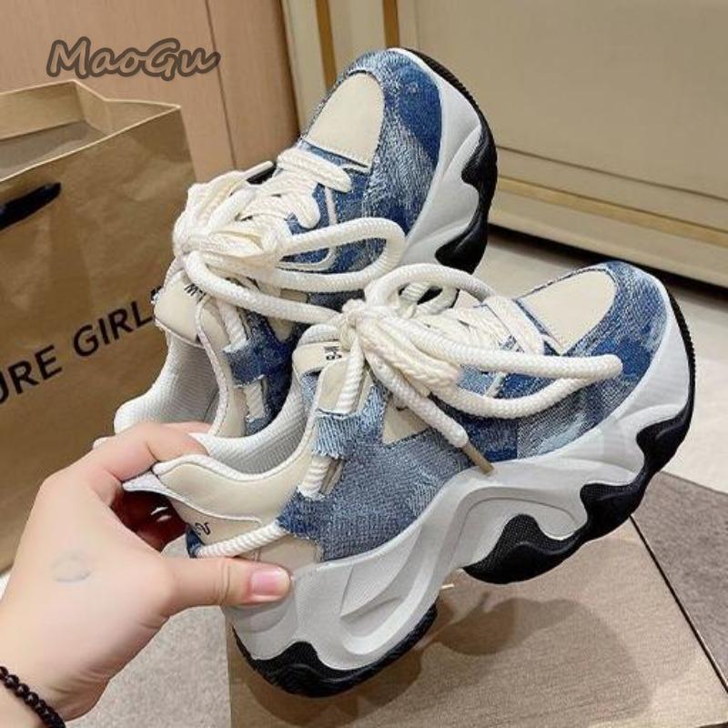 Fashion Women 5.5CM Thick Sole Lace Up Casual Chunky Sneakers Lightweight Comfortable Women Canvas Walking Shoes Outwear Sneakers 35-40