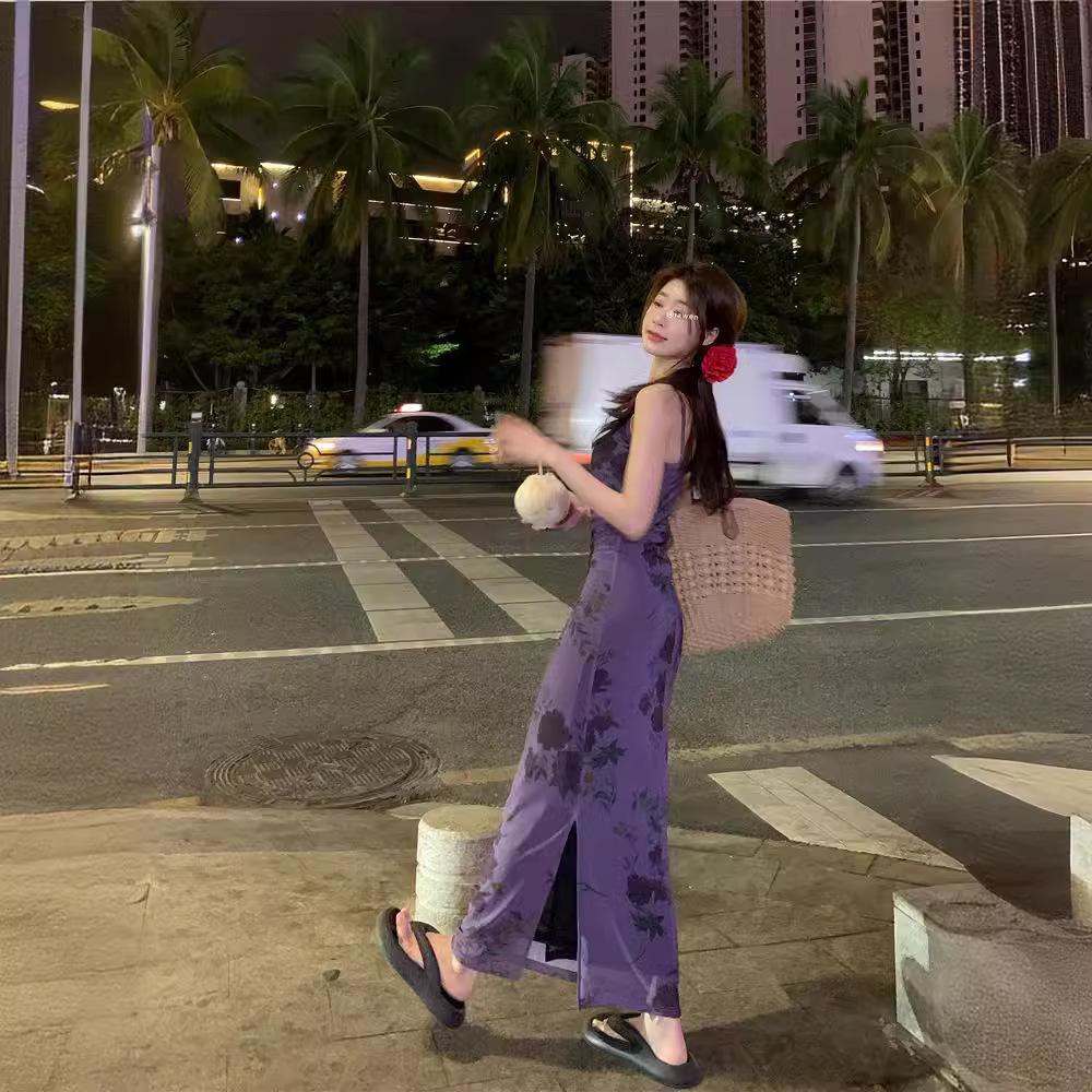 French Purple Floral Spaghetti Strap Dress - Women's Summer 2024 Waist-Hugging Long Tea Dress