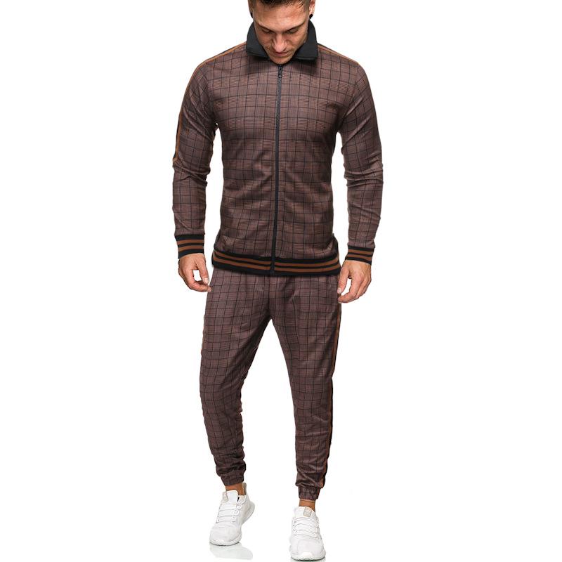 

Men s Spring/Autumn Plaid Two-Piece Casual Sportswear Set with Digital Print Medium кавовий