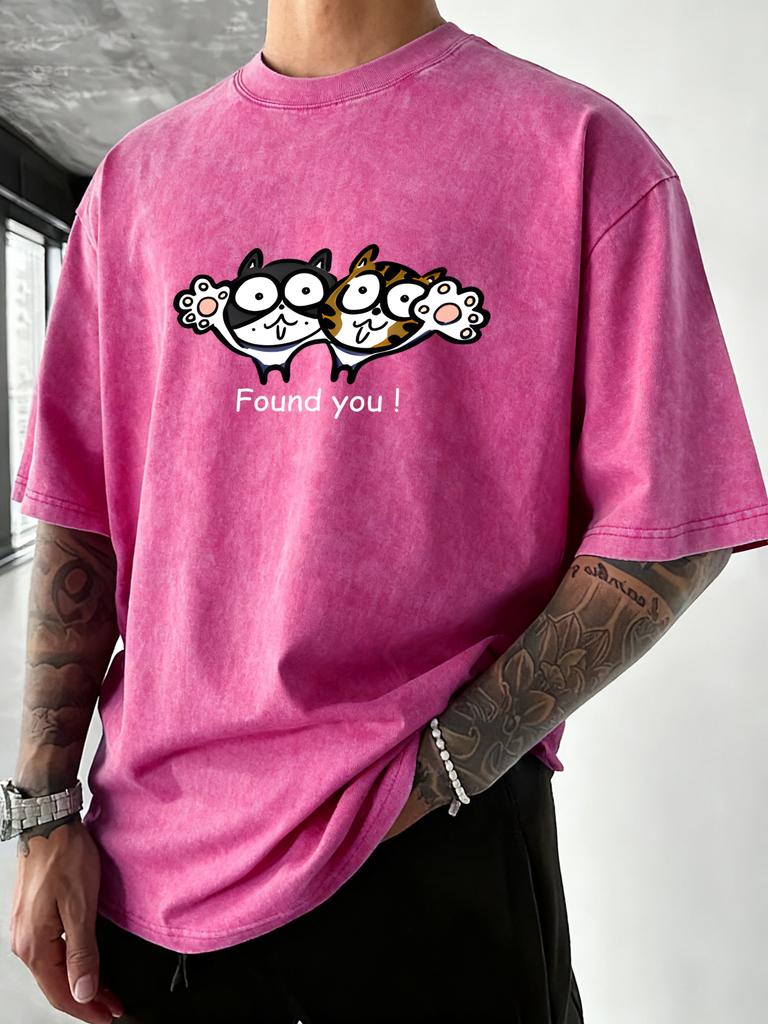 Found You Cartoon Cats Print Men Washed T Shirts Casual Hip Hop Sportswear Man Running Short Sleeves Multicolor Cotton TShirt