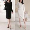 Style Latte Women Autumn Square Neck Belted Peplum H Line Midi Dress