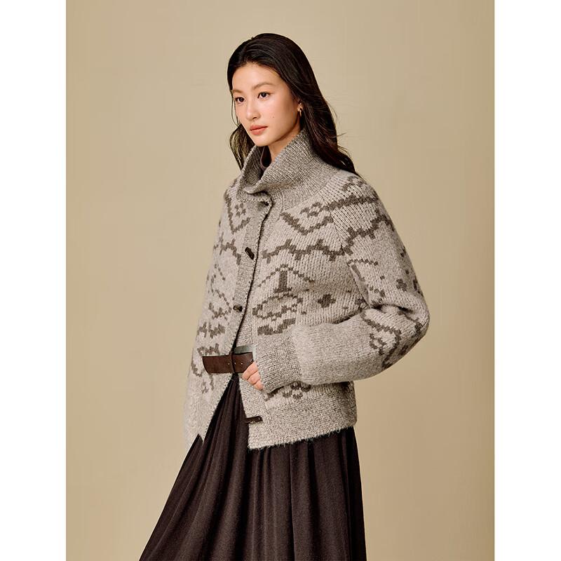 Dámský retro pletený kardigan INMAN s vysokým límcem a vzorem Fair Isle