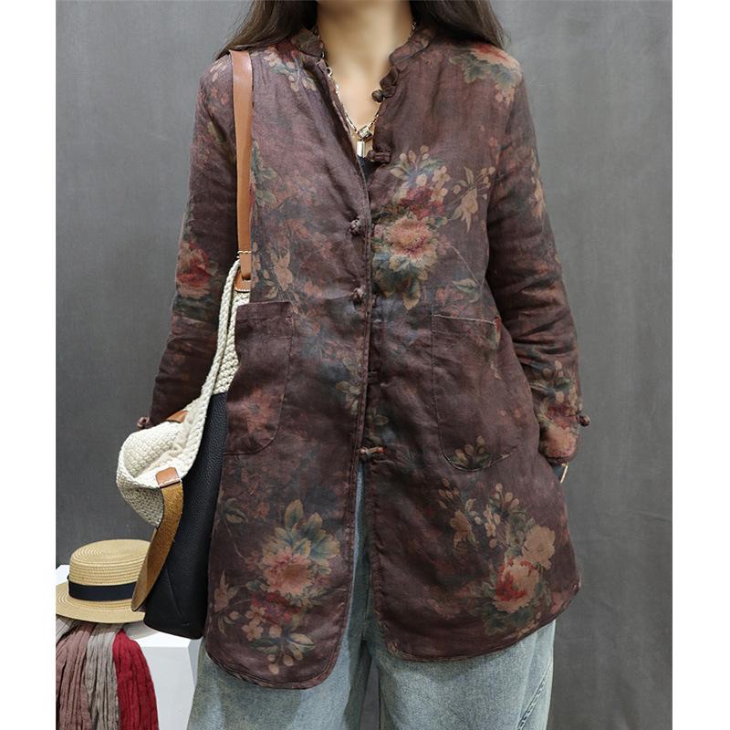 2026 Autumn Retro Print Women's Cotton-Linen Mid-Length Casual Frog Button Jacket