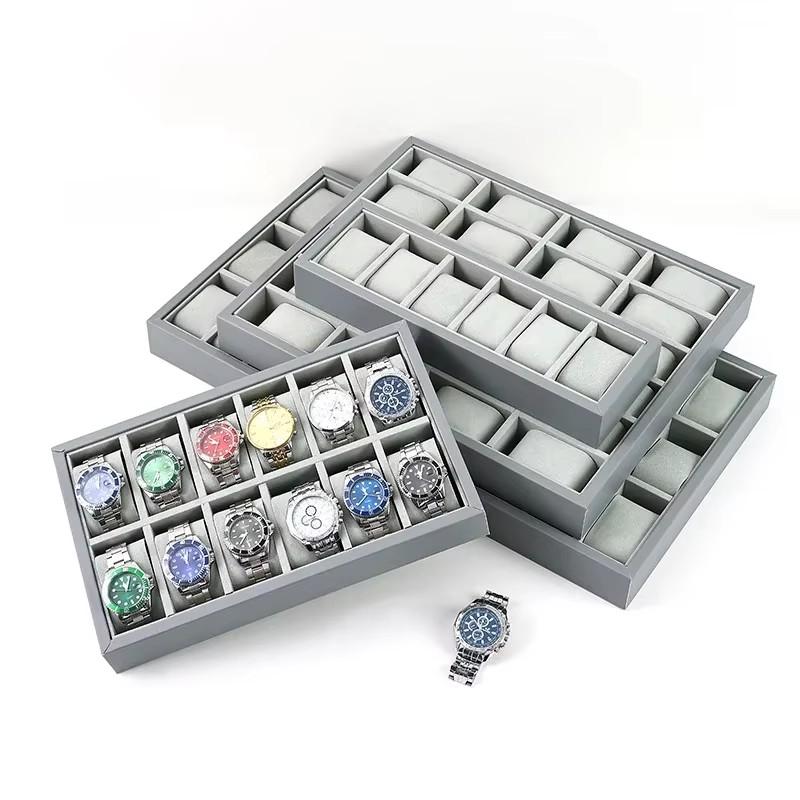 Gray Pu Leather Watch Display Tray With Large Capacity 6/12/24 Grid Watch Display Tray For Men And Women's Jewelry Storage
