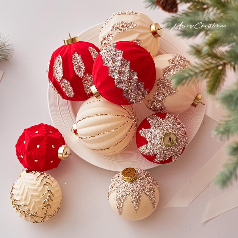8cm Wine Red Flocked Christmas Ball Ornament for Tree Decoration