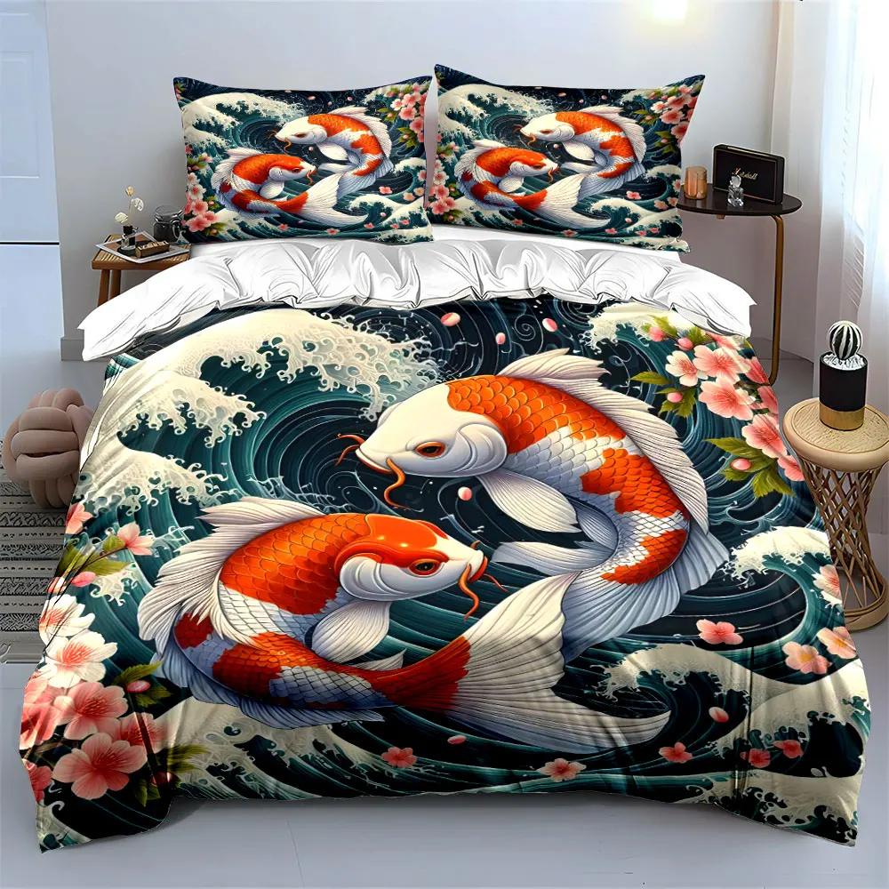 Koi Fish Artistic Decor Set Soft Comfortable Duvet Cover Bedding Set Included 1*Duvet Cover & 2*Pillowcases Gift