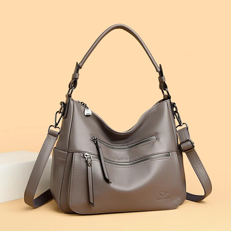 Women Bags Quality Soft Leather Totes Multiple Pockets Casual Shoulder Shopping Bags Fashion Ladies Handbags