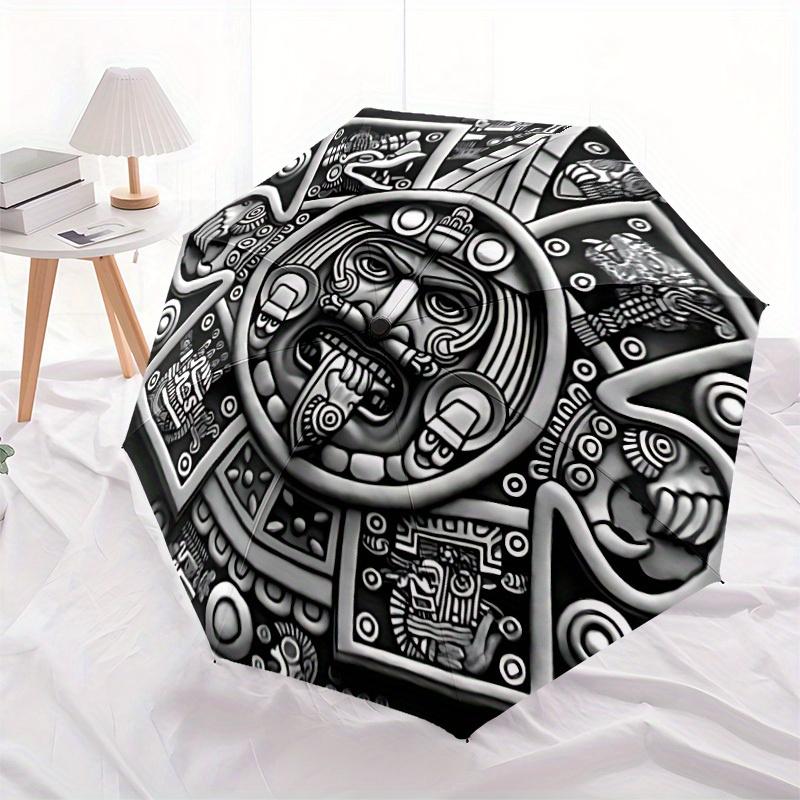 1pc Aztec Calendar Stone Automatic Open/close Umbrella, 8-Rib Sturdy Structure, Portable Travel Umbrella, Parties, Everyday Use, Outdoor Acc