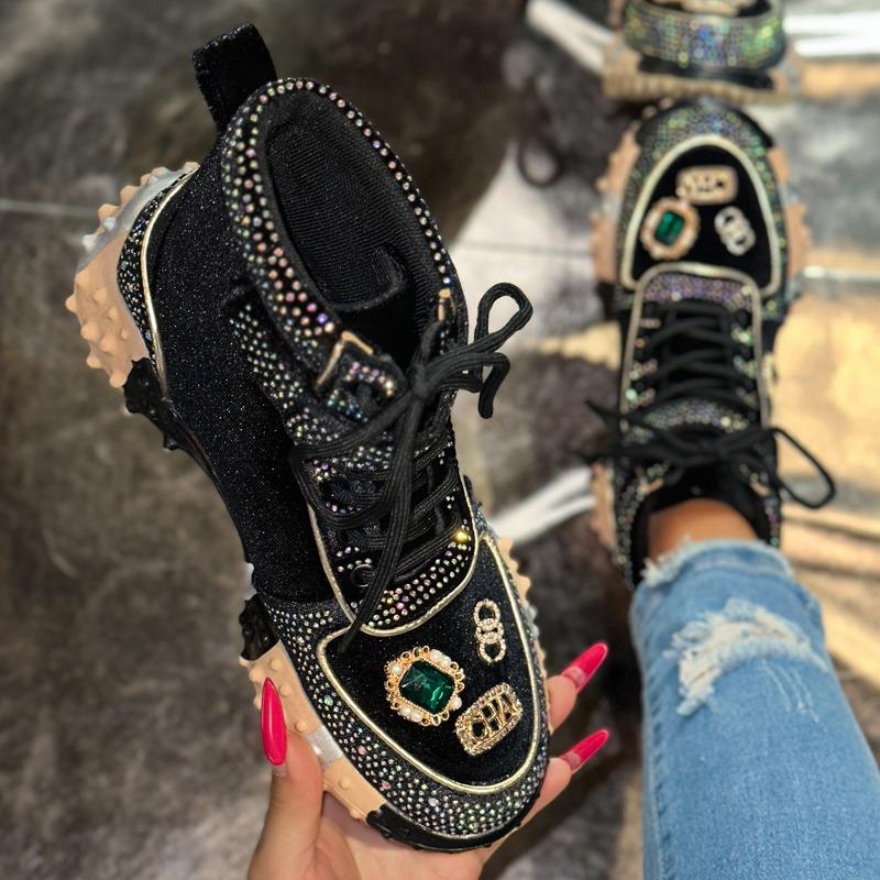 Women Casual Sneakers Luxury Designer Boots Rhinestone Suede High-Top Thick Bottom Shoes Female Tennis Outdoors Walking Shoes