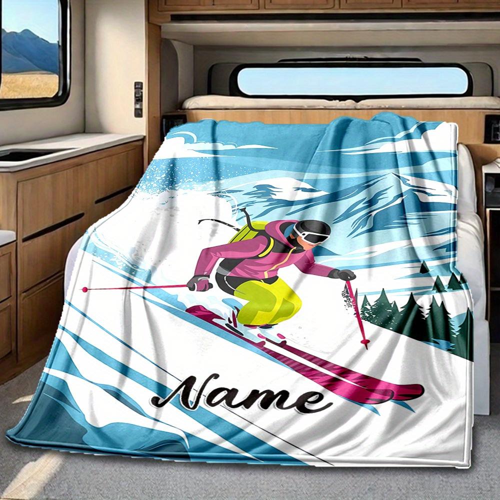 Skier Downhill Snow Mountain Blanket Personalized Name Soft Comfortable Stylish Blanket Car Blanket Perfect For Travel Camping Outdoor Home Suitable