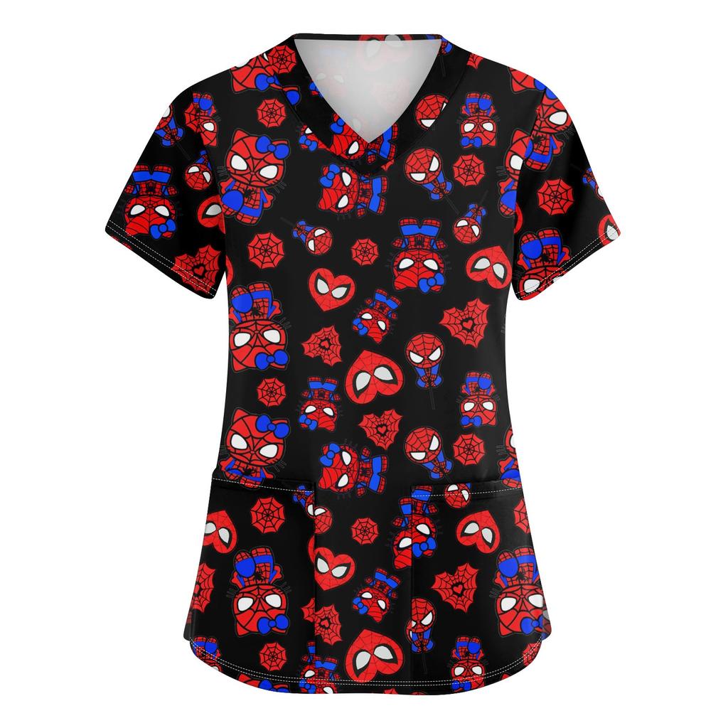 Women's Fashion V-neck Short Sleeve Workwear With Pockets Printed Tops