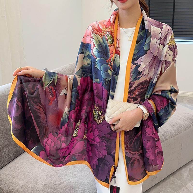 Peony flower luxury scarf women's goods new silk scarf long large size travel shawl sun protection