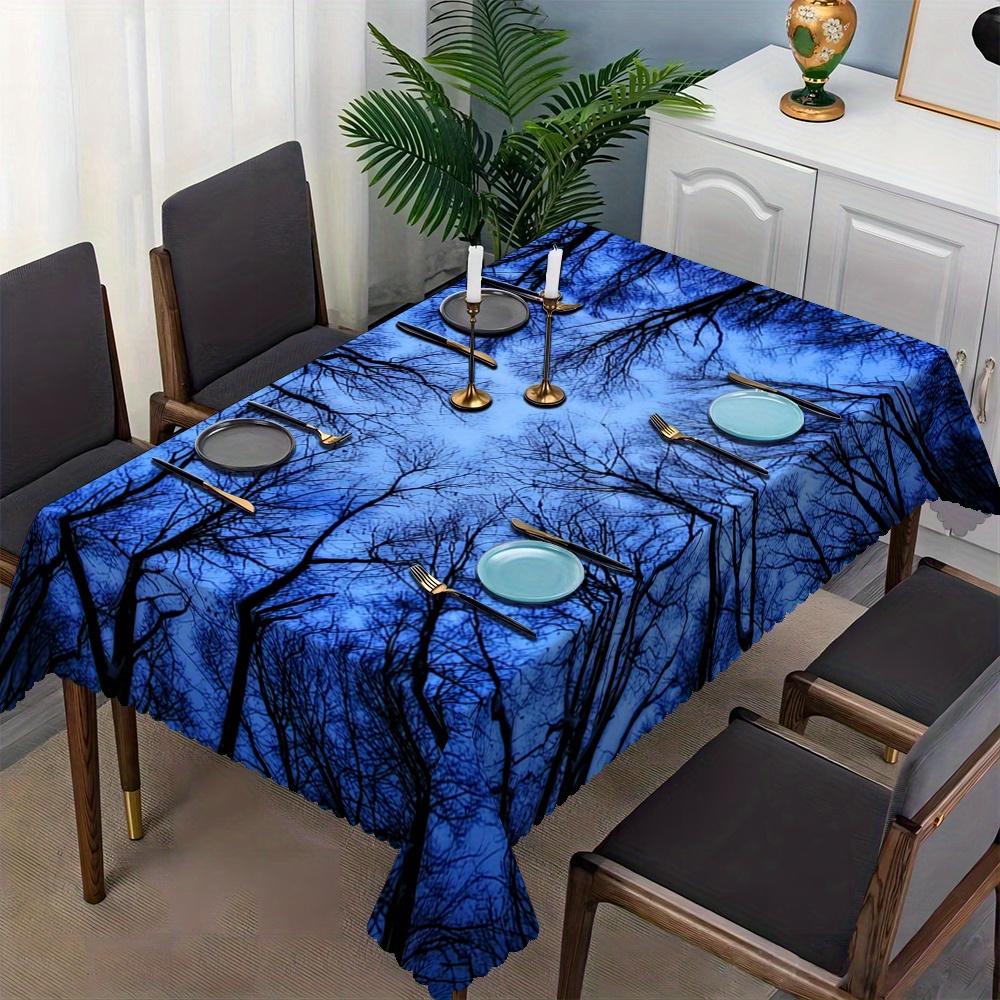 Blue Sky Black Bare Tree Branch Forest Print Tablecloth Scalloped Edge Waterproof Rectangular Table Cover Modern Dining Home