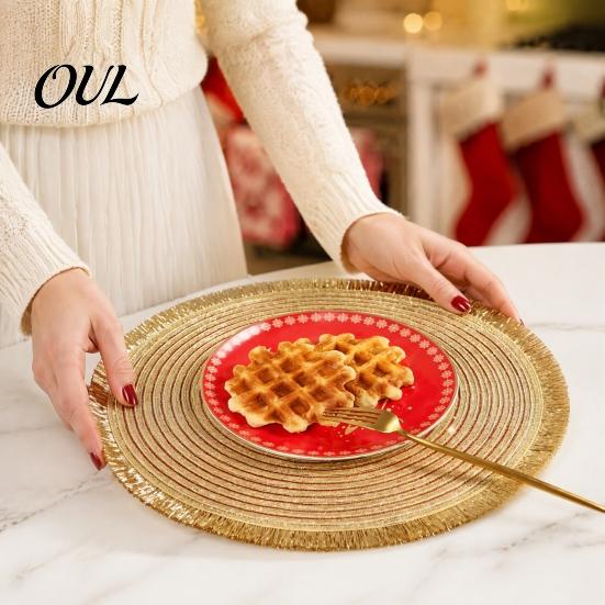 Festive Red Gold Silver Placemat Christmas Round Table Mat with Tassel, Heat Resistant PP Placemat, Non Slip Kitchen Pad Waterproof Decorative