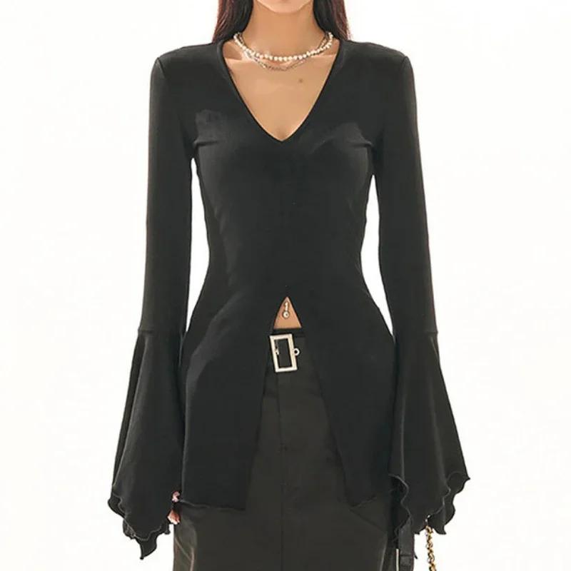 Goth Dark Fairy Grunge Flare Sleeve V-neck T-shirts Gothic Split Sexy Lettuce Hem Female Blouses Y2k Black Slim Fashion Alt Tops
