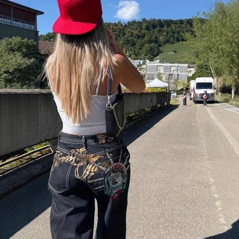 

Уличные Винтажные Y2k Свободные Джинсы с Горячими Бриллиантами в Стиле Free Muse Женские Повседневные Прямые Джинсовые Брюки с Высокой Талией S