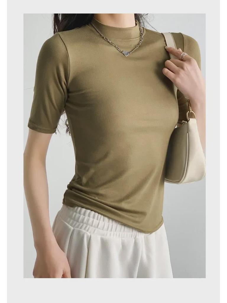 Women's Summer Slimming Stand-Up Collar T-Shirt - Short/Mid Sleeve