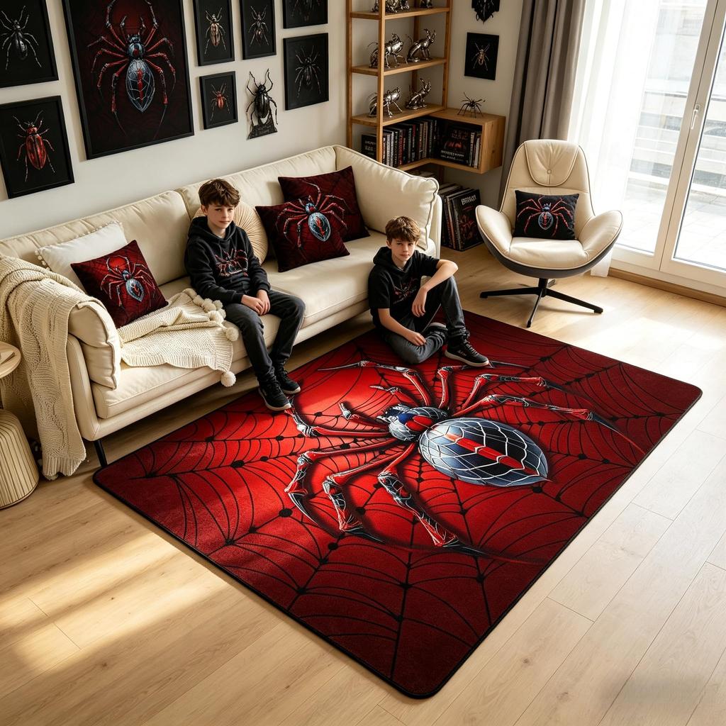 Spider Web Kids Area Rug,Black Spider Arachnid Insect Animals Indoor Floor Mat Entrance Rug for Boys Man Girls Women,Halloween Gothic Non Sl
