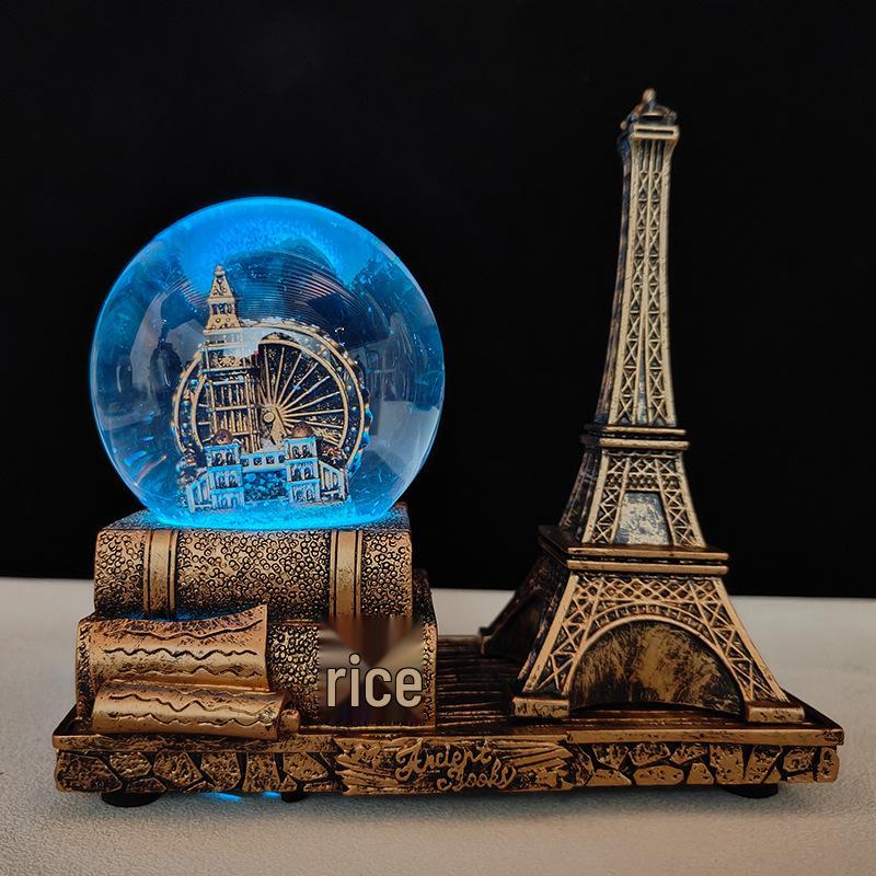 Creative Luminous Eiffel Tower Snow Globe Music Box - Retro Desktop Decoration