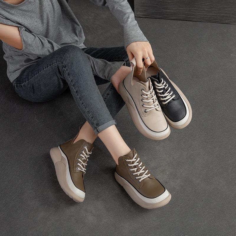 Fashion GKTINOO Genuine Leather Shoes Women Boots Lace-up Mixed Colors Round Toe 2025 New Leisure Sewing Handmade Platform Boots