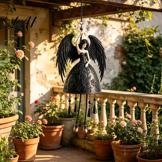 Gothic Style Windbell Dark Angel Wind Chime Winged Black Memorial Chime Hanging for Outdoor Garden Porch Patio Decor